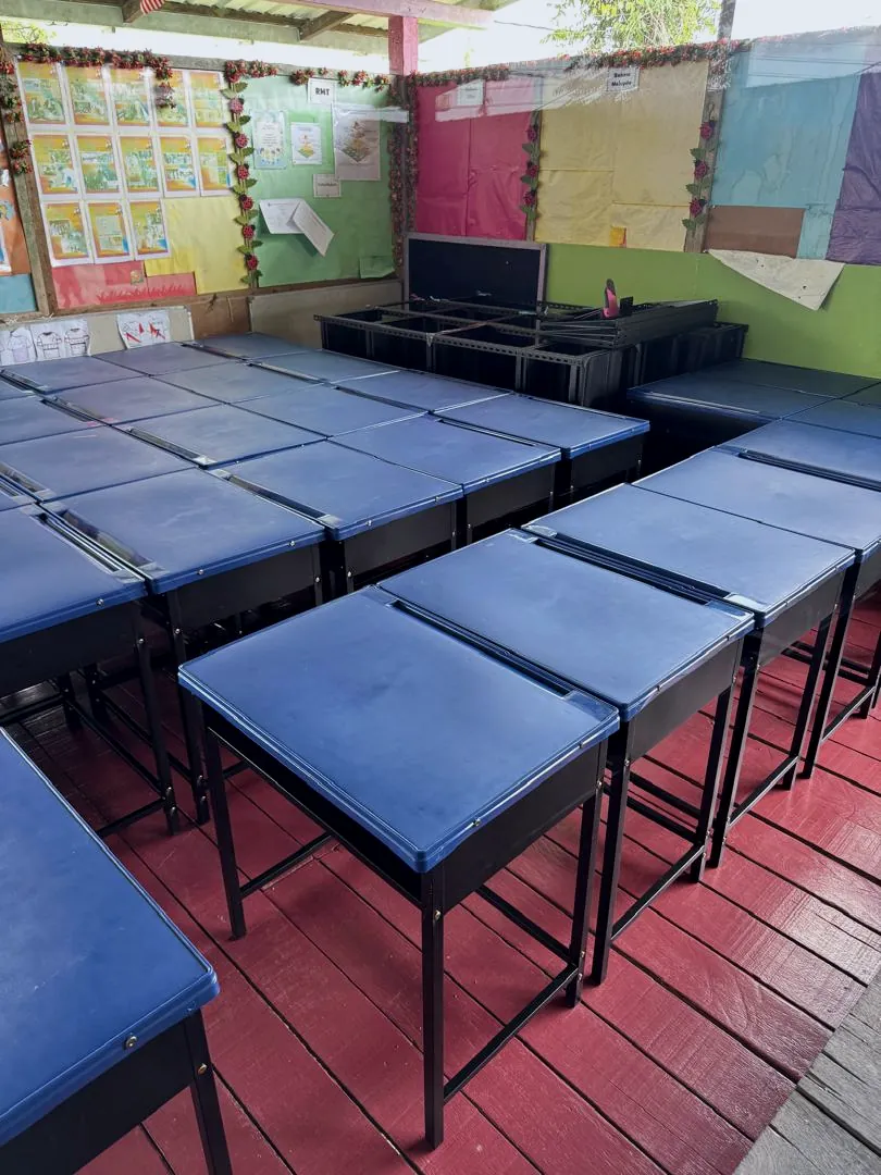 New blue classroom desks in a refurbished room