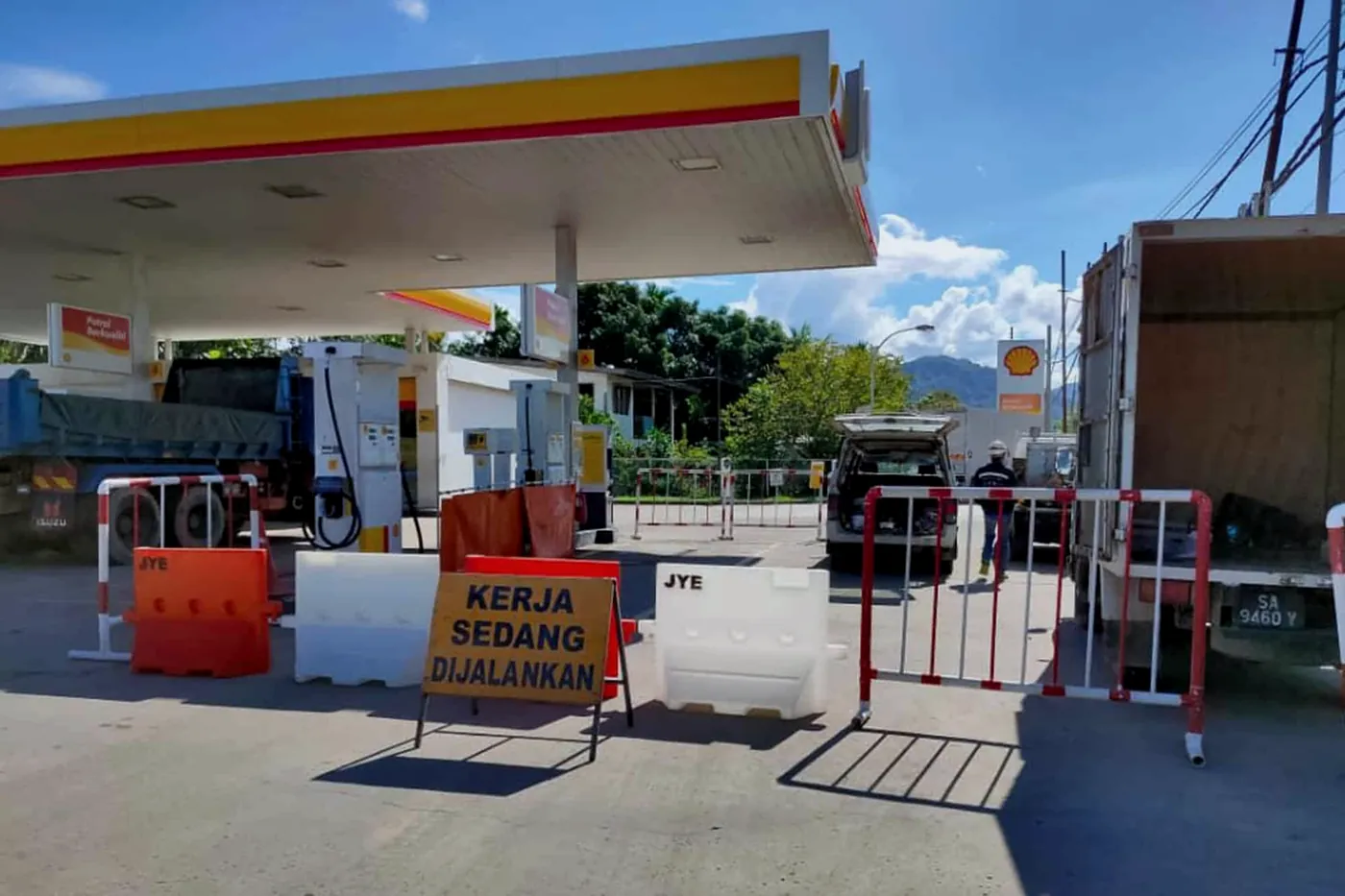 Maintenance barriers at a Shell station forecourt in Sarawak
